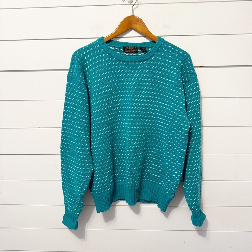 Vintage Eddie Bauer Mens Bird's Eye Teal Crewneck 100% Cotton Sweater Size Large - Picture 1 of 8